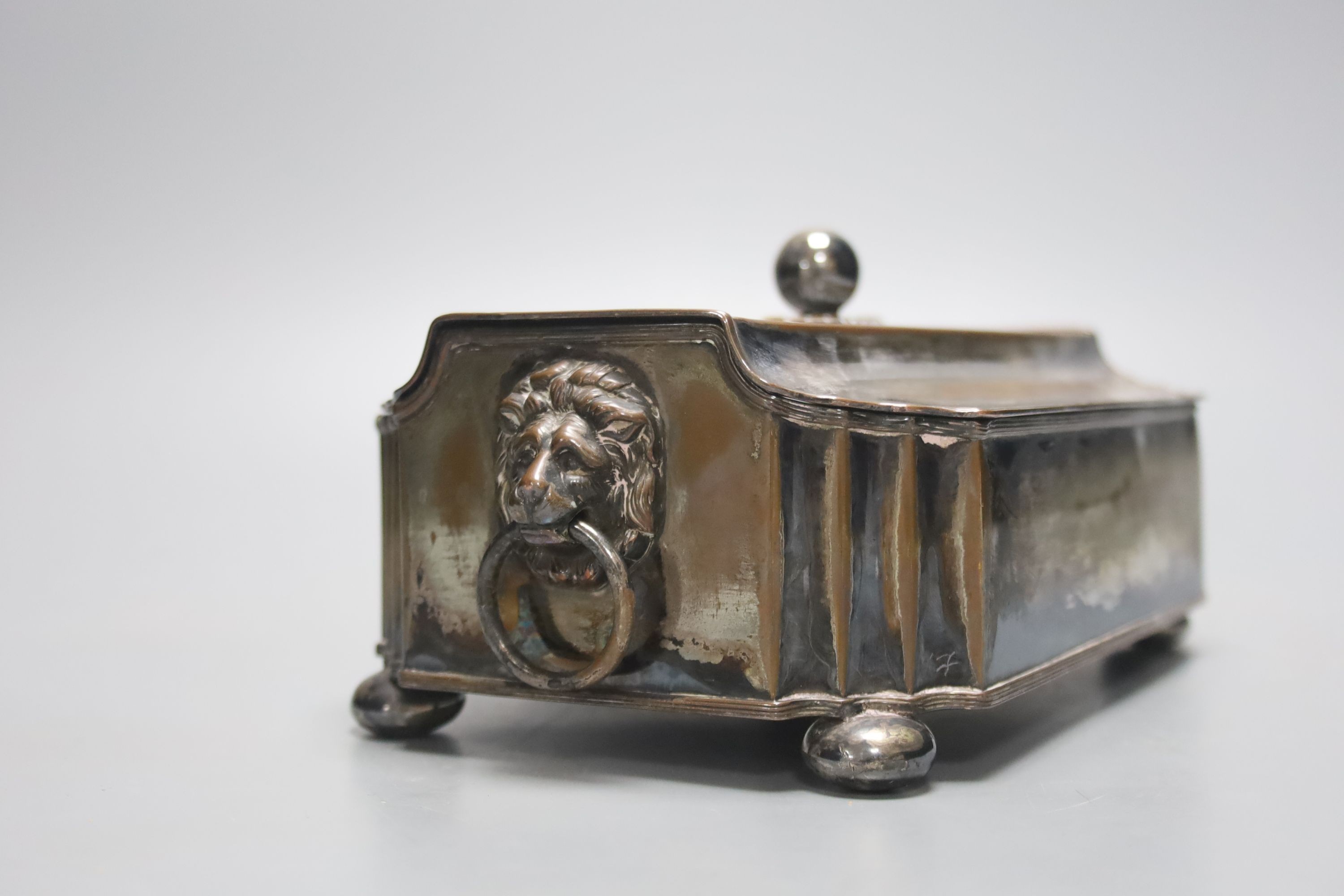 A Victorian Sheffield silver plate on copper lidded inkstand 24cm